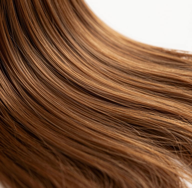 Macro close-up of premium warm chestnut brown hair extensions, showing flawless silky texture and natural shine under soft studio backlighting, shallow depth of field
