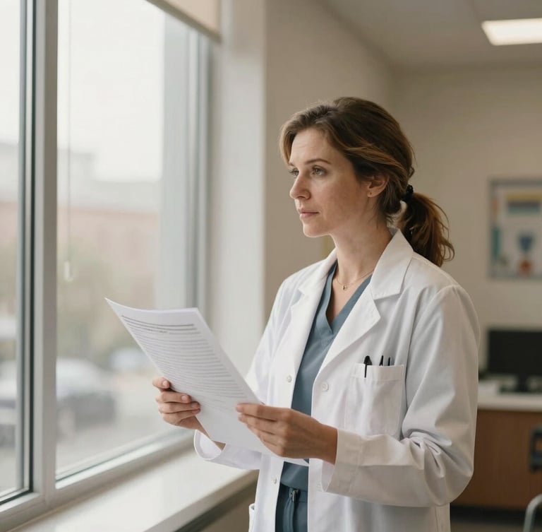 Dr. Evelyn Vance in a professional setting, looking thoughtfully at medical charts, soft natural window light, modern clinic architecture.