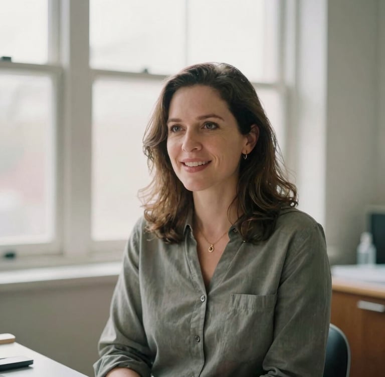 Dr. Evelyn Vance in a natural-light clinical office setting, speaking warmly, editorial portrait, soft diffused window light, 35mm