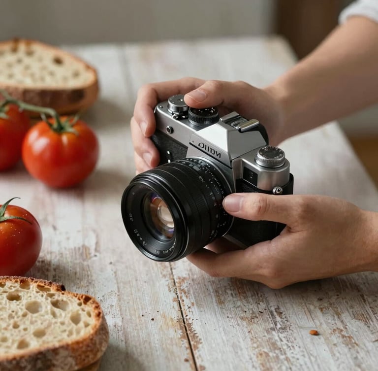 Soft diffused side-light on hands holding a vintage camera over a styled rustic table of heirloom tomatoes and fresh sourdough, natural shadows.