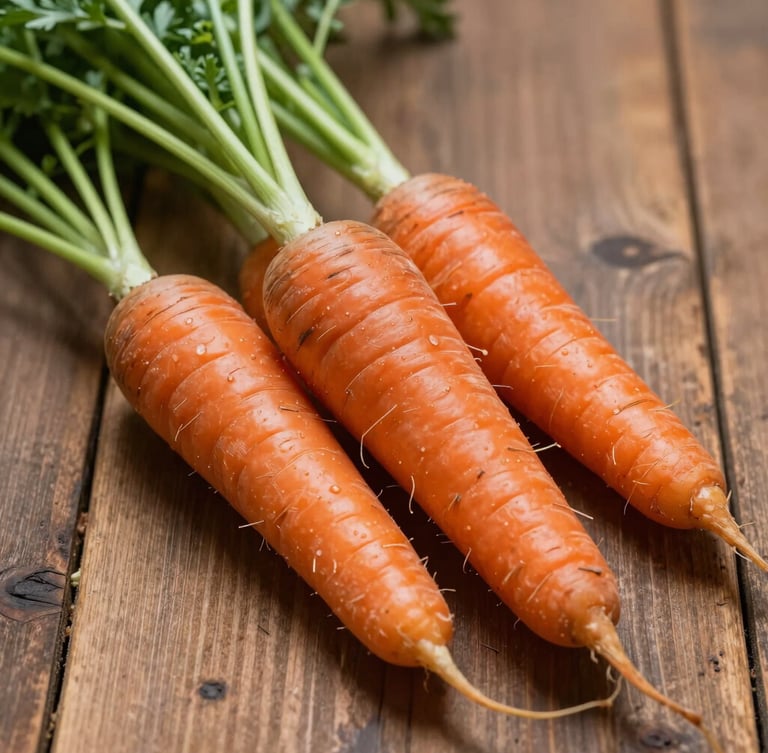 Close-up of raw, textured heirloom carrots with fresh green tops on a rustic wooden table, soft side-lighting with natural shadows.
