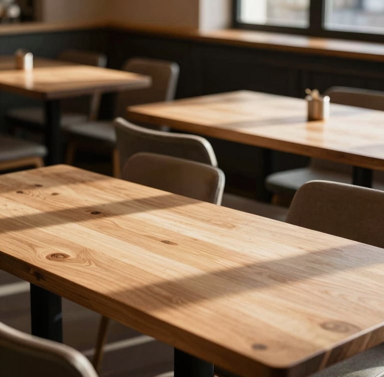 Soft side-lit portrait of empty wooden dining tables in a quiet Scandinavian-style restaurant, natural shadows, warm morning light