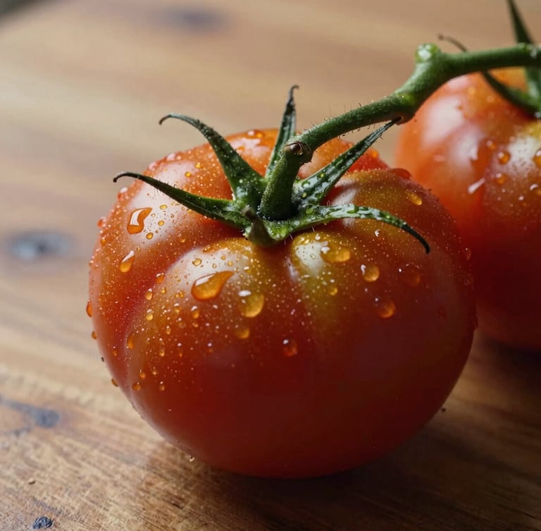 Macro close-up of heirloom tomatoes on a wooden table, soft side-lighting, water droplets, rich textures, deep red and green colors
