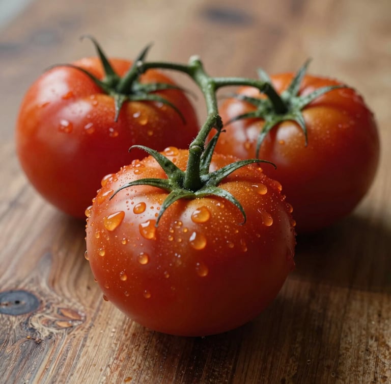 Tight macro shot of fresh heirloom tomatoes with water droplets, soft natural side light casting gentle shadows on a rustic wooden surface, warm scandinavian aesthetic.