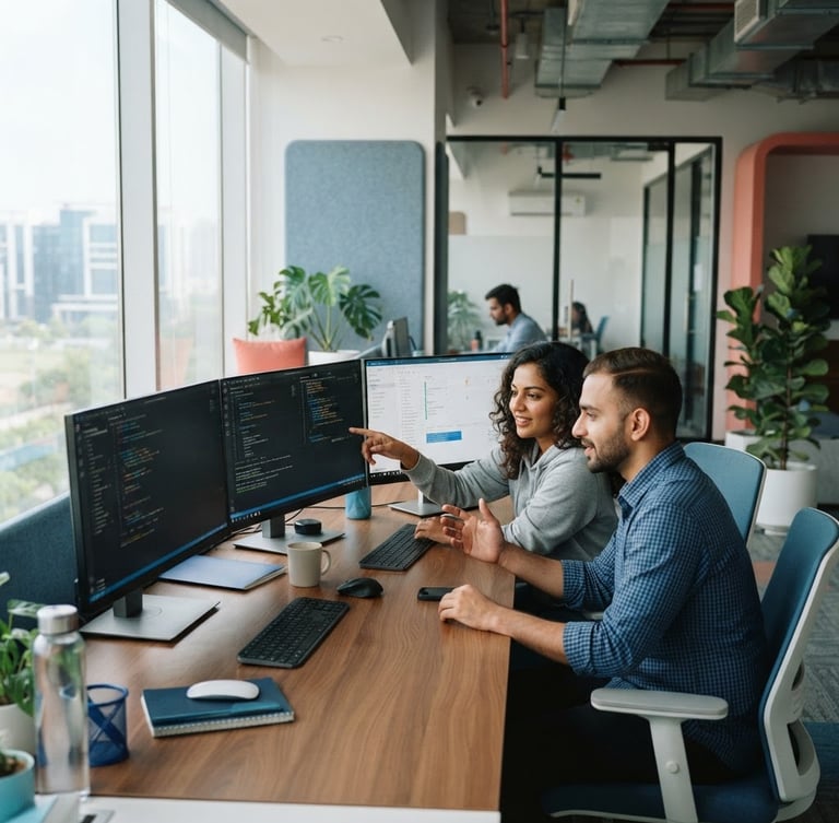 Clean modern collaborative workspace in Noida, bright natural light, software developers collaborating over code on high-end monitors, subtle blue accents, 35mm photography