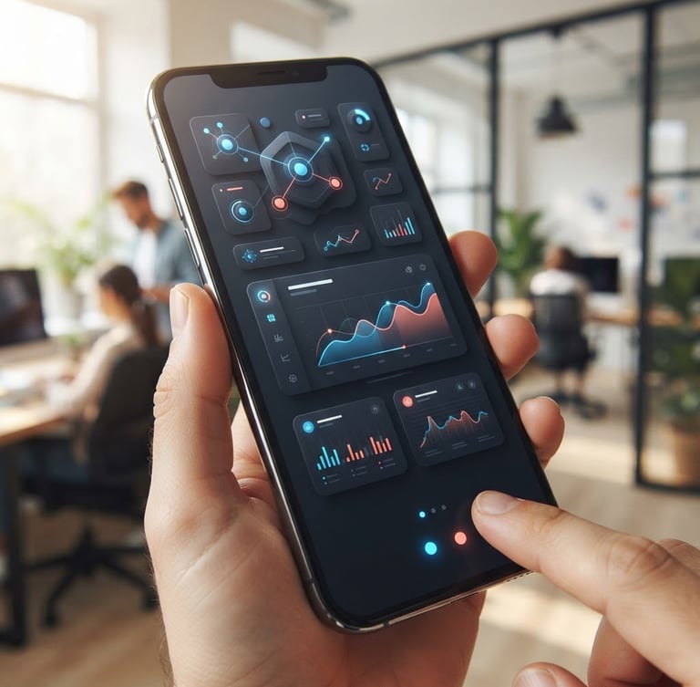 Macro shot of a high-end smartphone displaying a sleek, dark-themed user interface, bright natural office light, subtle blue and coral accents, sharp focus, 35mm