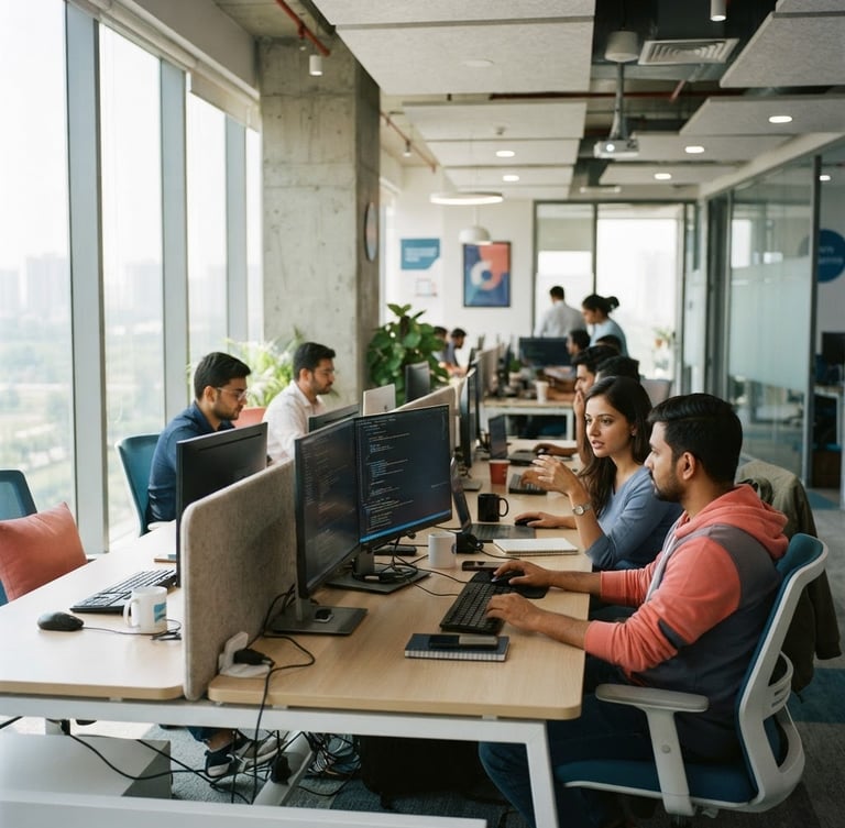 High-end collaborative workspace in Noida, bright natural light, clean desks with monitors displaying code, professional tech agency vibe, 35mm