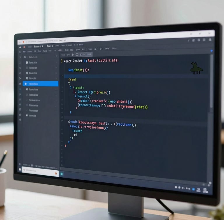 Close-up of a modern code editor displaying clean React code on a high-end monitor, bright natural office light with subtle blue and coral ambient accents, 35mm