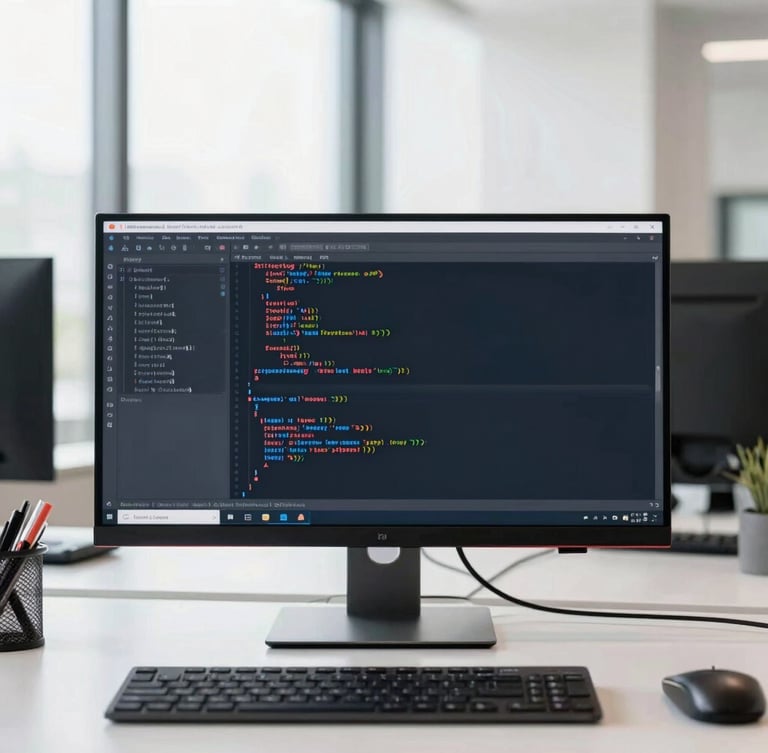 Focused software developer working on a high-end monitor in a bright, natural-light Noida workspace, clean code visible on screen, 35mm photography