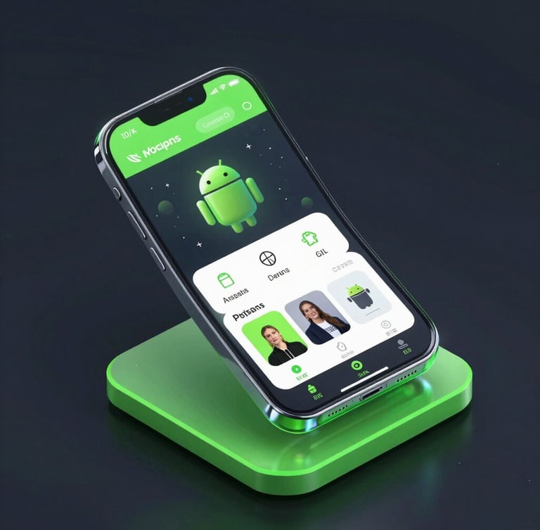 Isometric 3d render of a glowing glass Android device mockup displaying high-fidelity mobile application interface, neon green accents on deep charcoal background, dark-mode digital rendering