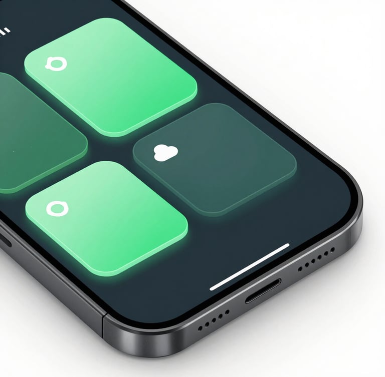 Close-up macro shot of a sleek mobile phone screen displaying a clean green-accented system dashboard, dark-mode digital rendering