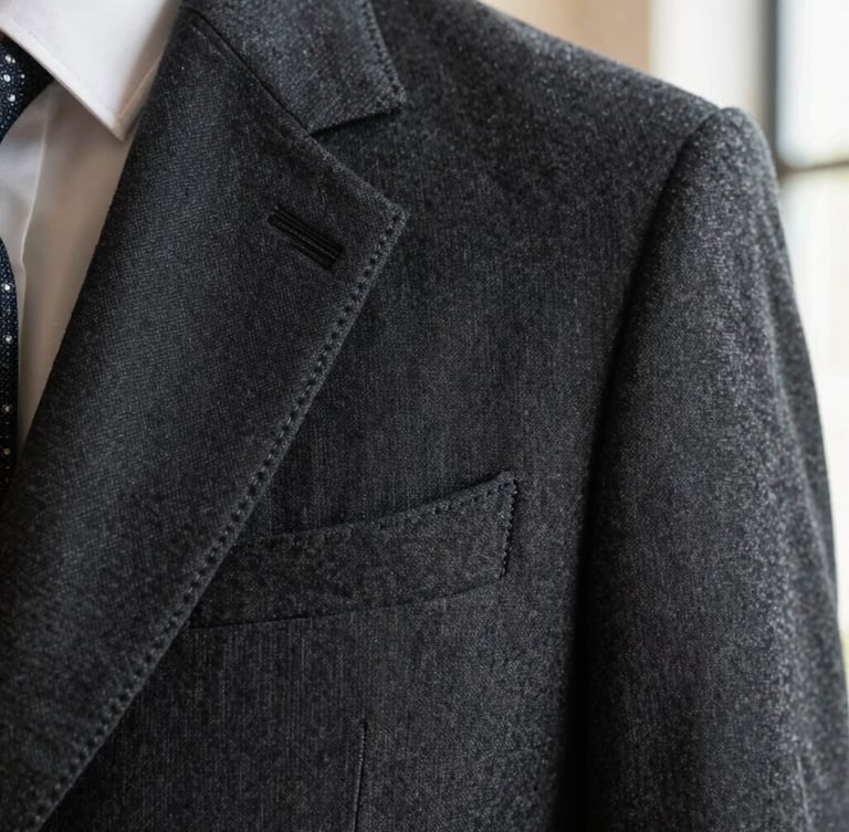 A close-up of neat stitching on a dark charcoal blazer lapel, soft natural window light, high-detail fabric textures.