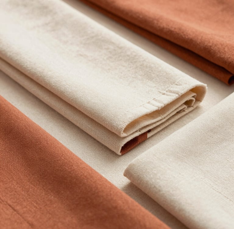 An editorial flat-lay of folded terracotta and cream linen fabrics, showcasing high-detail woven textures, soft natural daylight, minimalist styling.