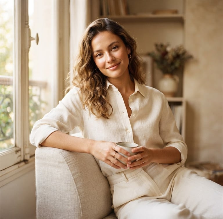 Warm editorial fashion portrait of a model in a bright, sunlit room, wearing a tailored linen shirt, soft natural lighting