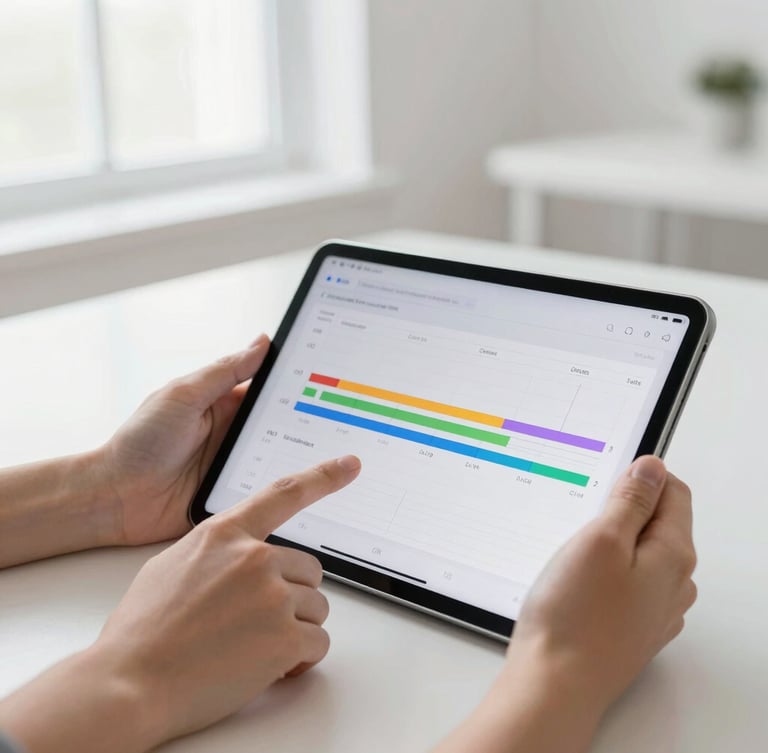 Close-up of hands interacting with a tablet showing a detailed student contribution graph with color-coded active timelines, bright minimalist study space.