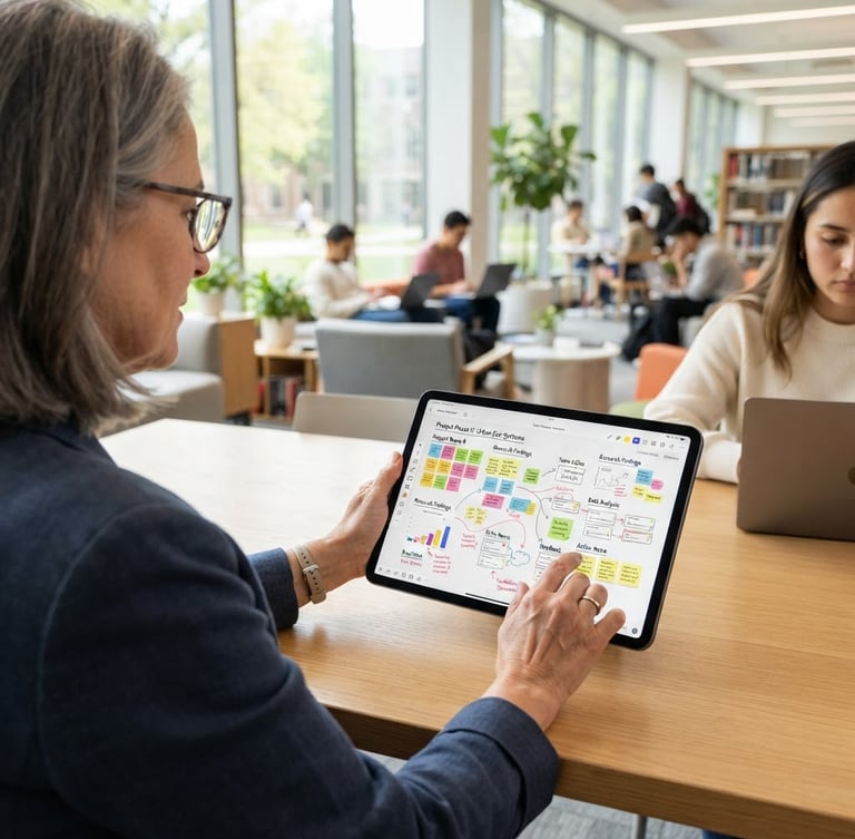 Over-the-shoulder view of a university professor reviewing a real-time collaborative student project board on a tablet, bright modern study space, soft natural daylight.
