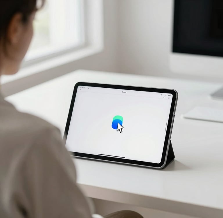 Over-the-shoulder view of a clean digital workspace interface on a tablet, showing real-time cursor indicators in electric blue and mint green, bright natural daylight, minimalist study space, shallow depth of field, 35mm.