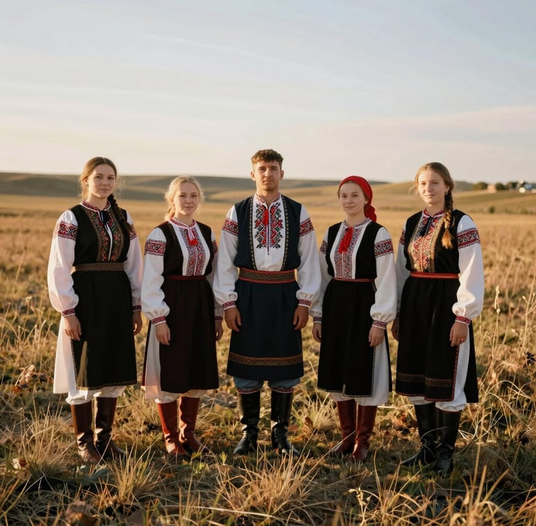 Full-length portrait of Ukrainian folk singers in authentic regional embroidered costumes standing in the open steppe under warm golden-hour light, 35mm
