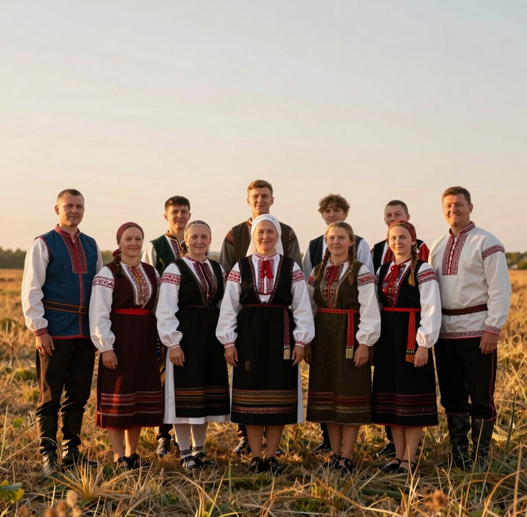 Medium portrait of Ukrainian folk ensemble members in authentic regional costumes, standing together in the open steppe under warm golden-hour light