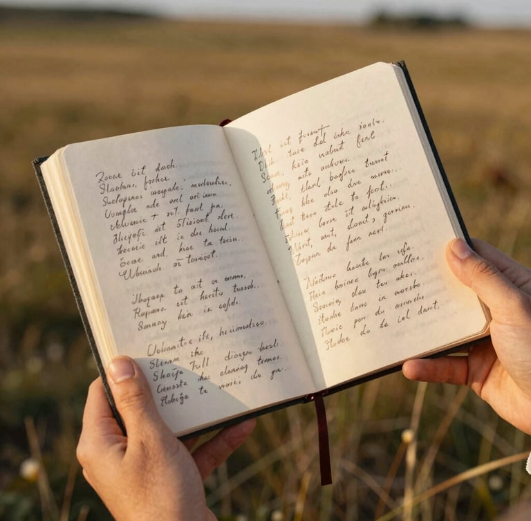 Close-up of hands holding a handwritten folklore archive notebook with lyrics, warm golden-hour light, 35mm