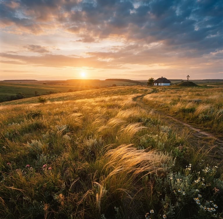 Wide-angle editorial 35mm photo of the vast Ukrainian steppe at sunset, golden-hour light illuminating wild grasses, soft warm tones