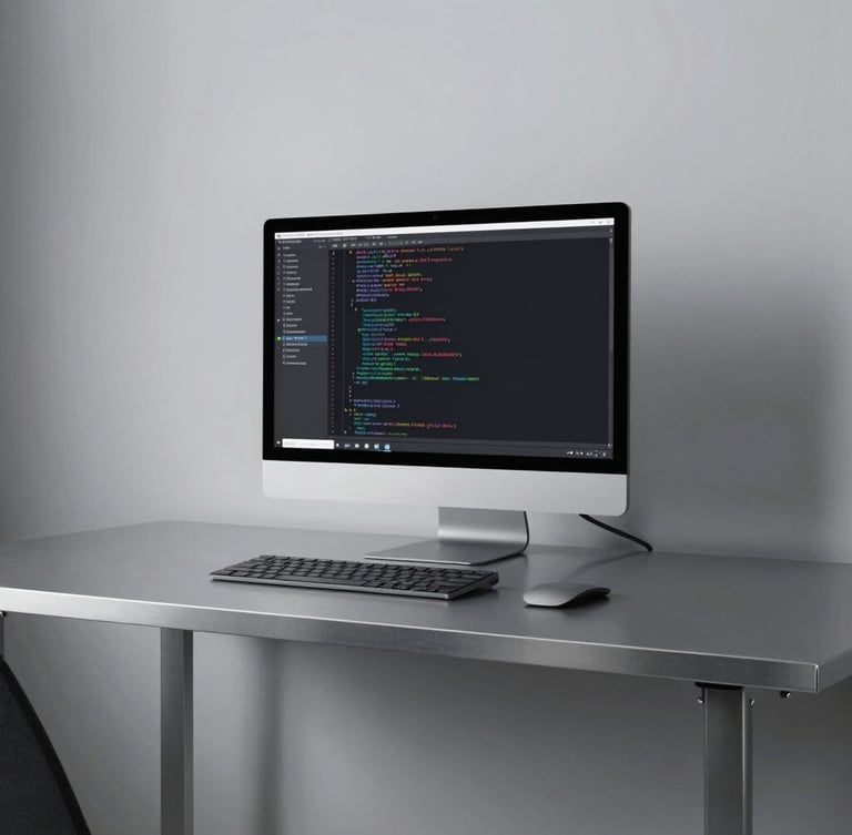 A minimalist modern workspace with a clean metal desk, a single high-end monitor showing abstract code structures, cool diffused daylight, 35mm
