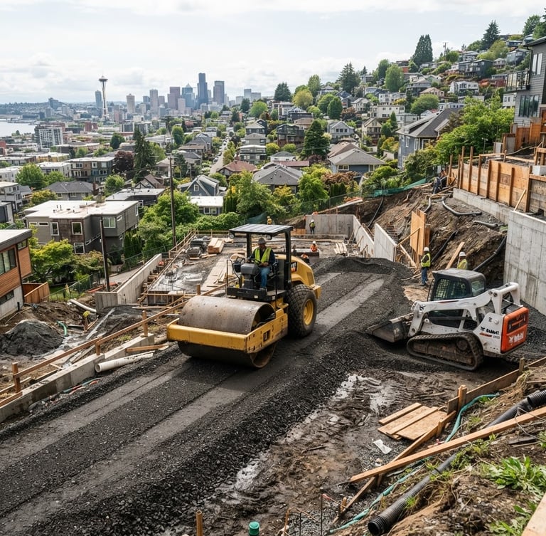 Crisp overcast daylight shot of active sub-grade preparation, heavy compaction equipment leveling dark gravel on a residential Seattle hillside, sharp focus, 24mm architectural photography.