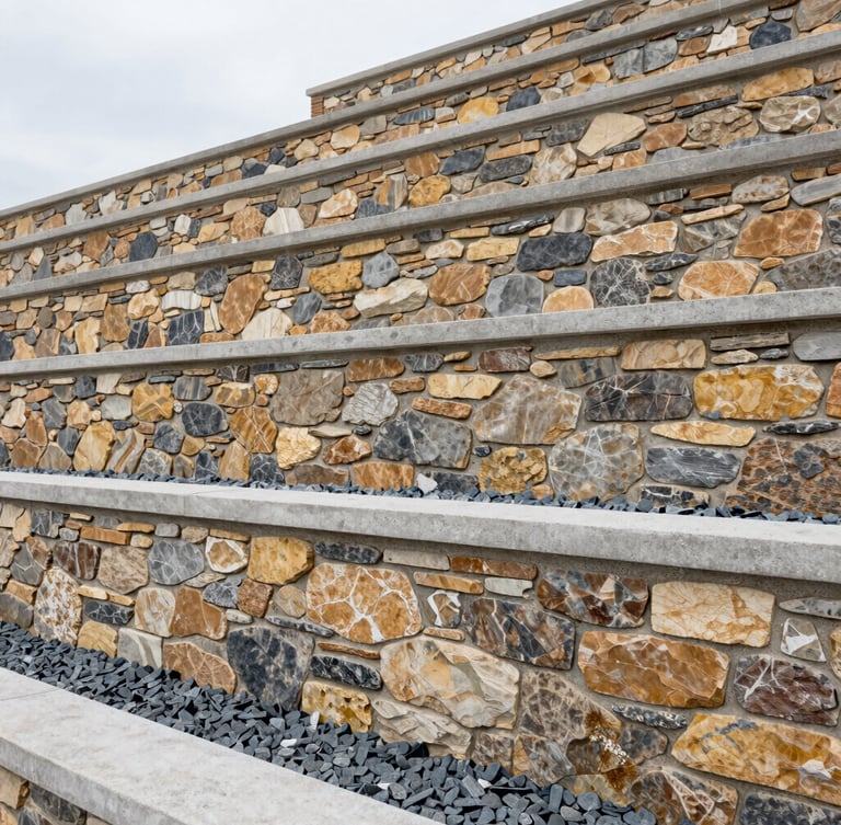 Close-up architectural shot of a multi-tiered stone and concrete retaining wall holding back a terraced slope, precise drainage gravel visible at the base, clean modern lines, overcast daylight, 24mm