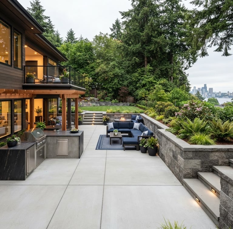 Wide environmental shot of a completed luxury residential outdoor living space in Seattle, featuring a crisp concrete patio with clean level lines, a structural block retaining wall, and precise joint cuts, captured in bright overcast daylight, deep depth of field, 24mm architectural photography.