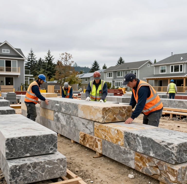 Wide environmental shot of a clean, organized residential construction site in Seattle, professional crew in matching safety gear aligning large structural stone blocks, soft overcast daylight.