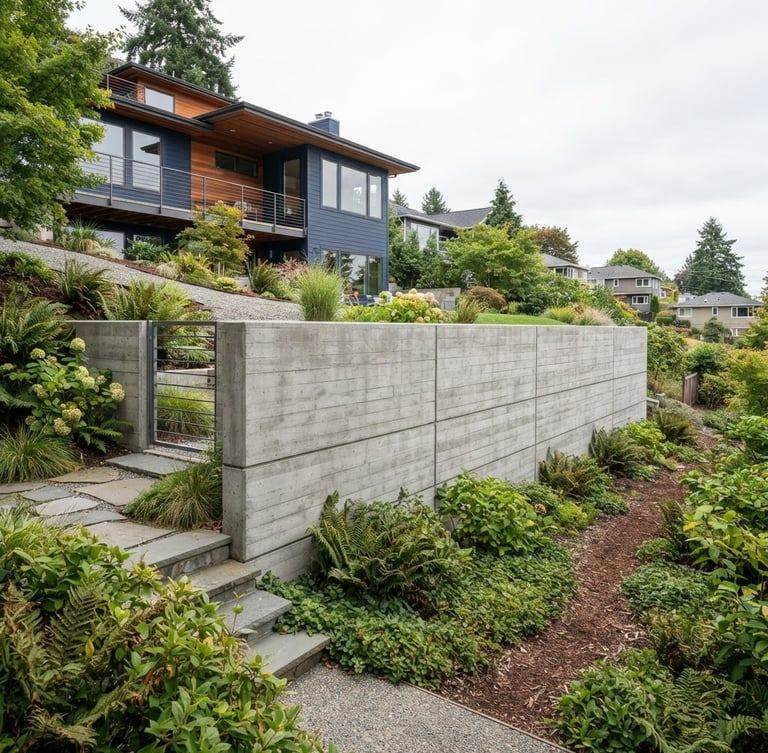 Sharp architectural photography of a massive, perfectly poured concrete retaining wall on a sloped Seattle residential property, crisp overcast daylight, clean level lines, 24mm