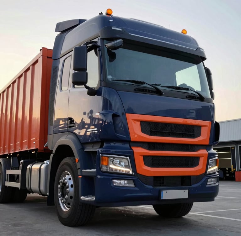 Close-up, low-angle heroic shot of the front grille of a clean, modern heavy-duty freight truck, industrial orange accents visible, parked at a secure loading dock at dawn, crisp light, deep navy and industrial orange tones.