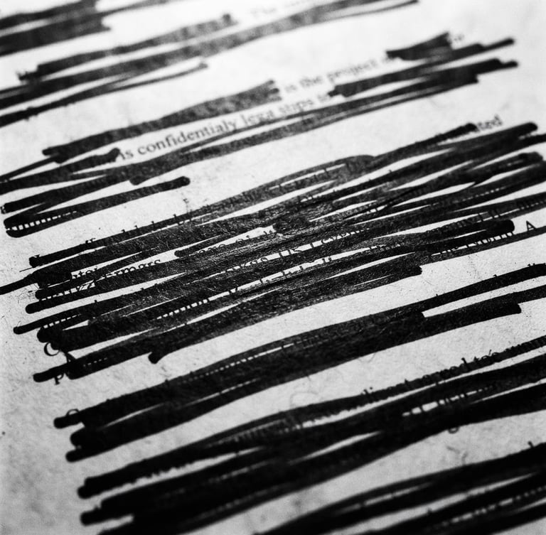 Macro close-up of a redacted corporate filing with black marker lines, harsh overhead light, stark high-contrast monochrome photography, 35mm film grain