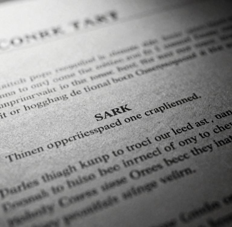 Stark macro close-up of redacted corporate contract text, harsh overhead light, deep shadows, high-contrast monochrome, 35mm film grain