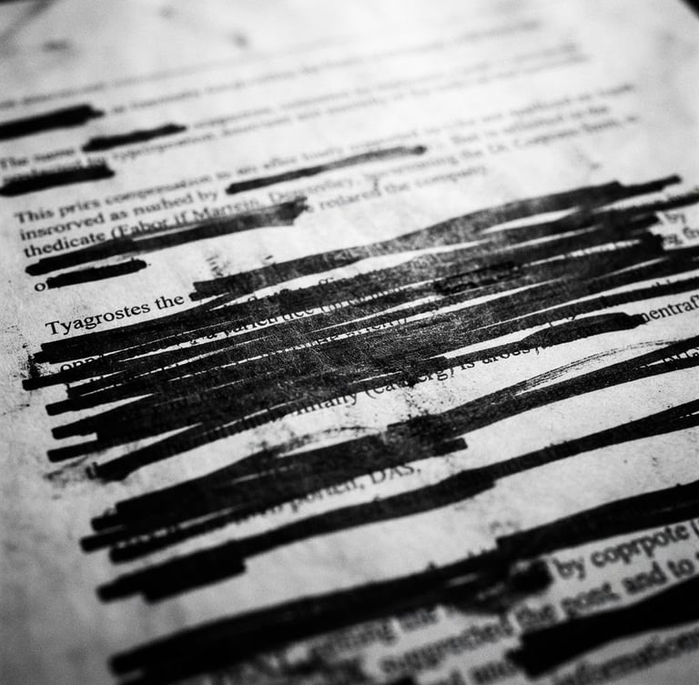 Stark editorial photography of a macro close-up of a redacted corporate filing with thick black marker lines crossing out names, harsh overhead light, deep shadows, desaturated monochrome, 35mm film grain