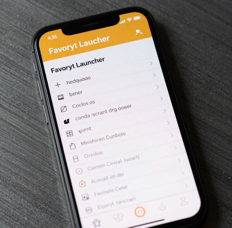 High-contrast screenshot of the Favoryt Launcher interface on a mobile device, displaying a minimal monospaced application list, sharp amber accents, raw steel background.