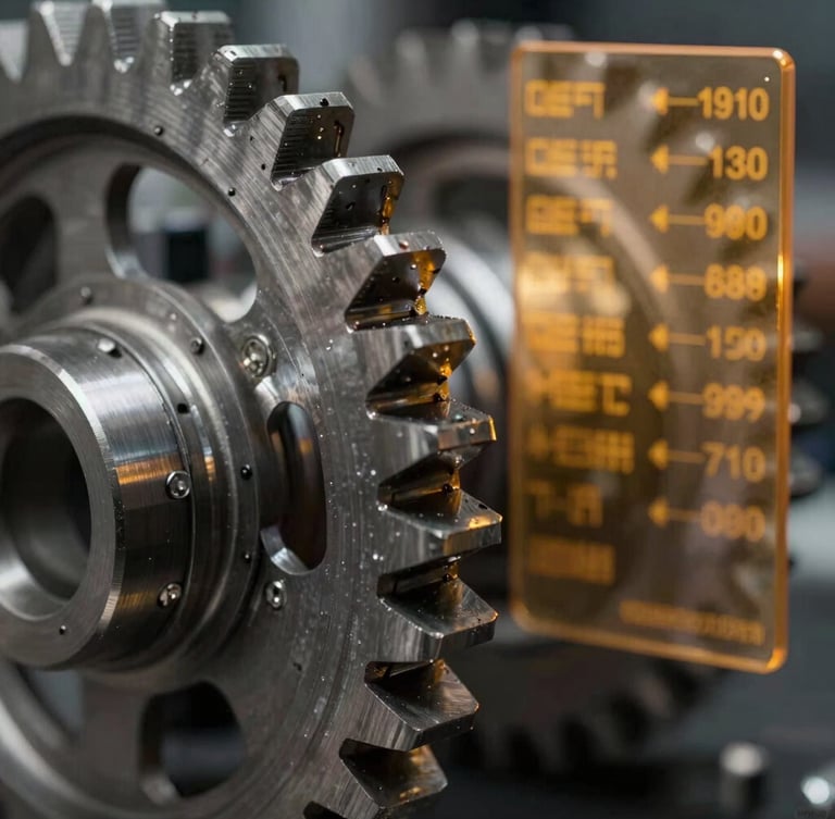 Extreme macro shot of raw steel mechanical gears with deep shadows and sharp metallic reflections, overlaid with a translucent amber terminal data readout.