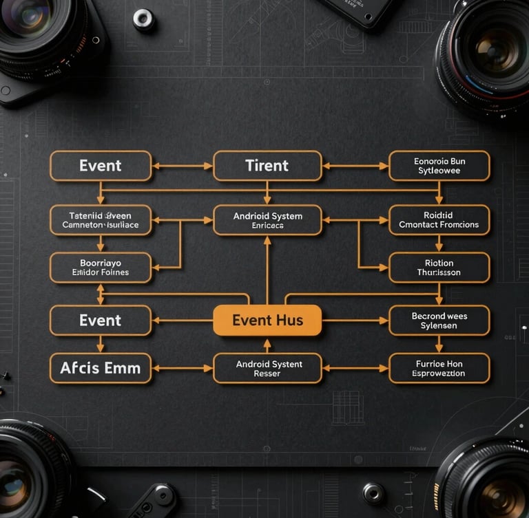 Flat-lay technical vector schematic of an Android system architecture, showing event bus routing with sharp amber lines on a dark charcoal background, industrial blueprint style