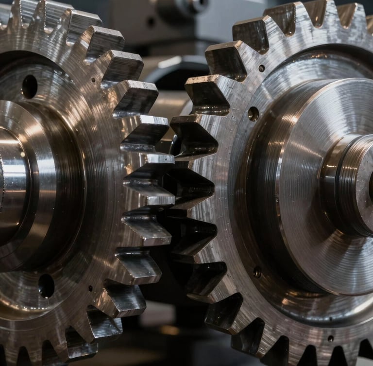 Extreme close-up of physical industrial machinery gears, raw metal textures, high-contrast dramatic studio lighting with deep shadows and sharp metallic reflections