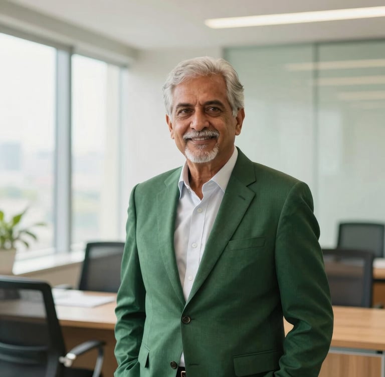 A professional environmental portrait of a senior financial advisor in a bright, modern Mumbai office, natural daylight, soft green and gold tones, clean compositions, 35mm lens