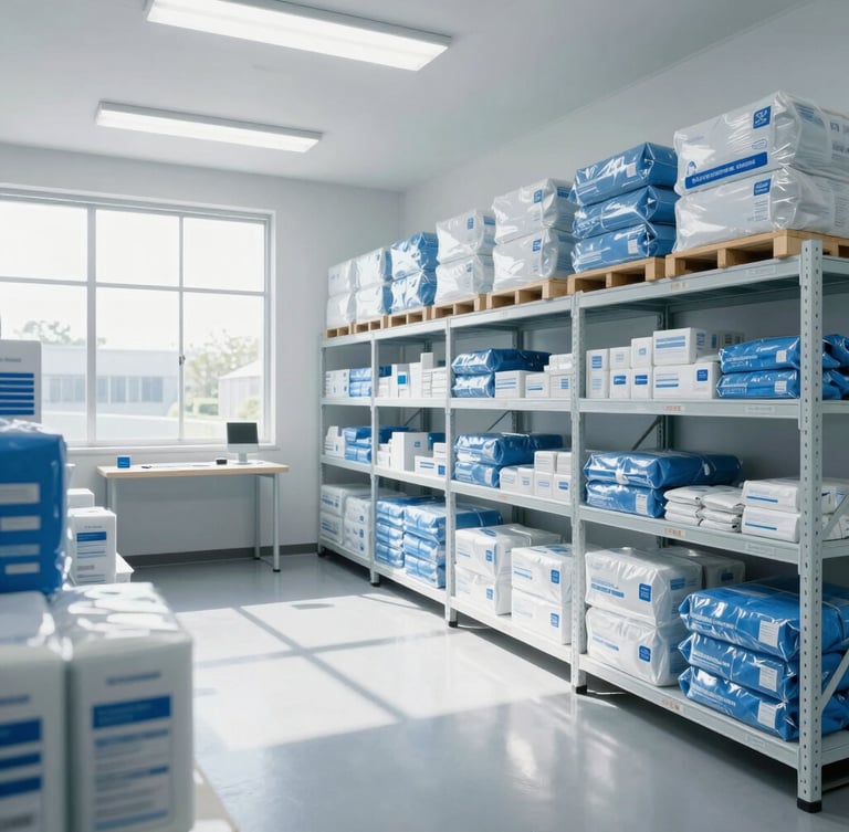 A bright, highly organized warehouse interior in Kanagawa, clean shelves with packaged goods, daylight streaming through windows, 35mm professional photography