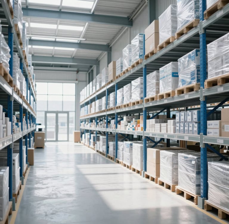 Bright, highly organized modern warehouse interior, clean logistics hub with shelves and packaged goods, cool blue and white tones, natural daylight, 35mm photography