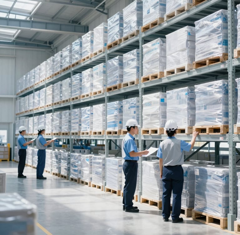A bright, clean, modern logistics warehouse in Japan with organized shelves and professional staff managing inventory under natural daylight, 35mm photography.