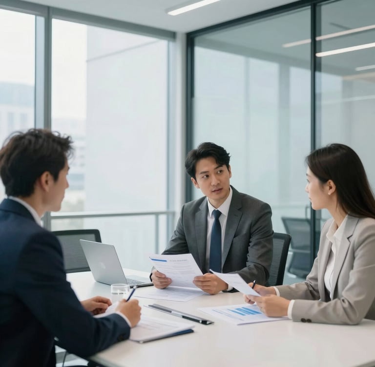 Bright modern corporate office meeting room with clean glass walls, professional business partners discussing logistics plans over documents, cool blue and white tones, natural daylight