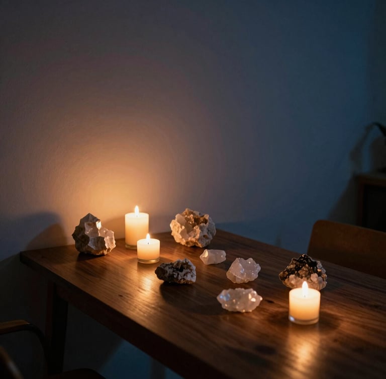 A cozy, clean consultation room in Manila with warm candlelight, low-key shadows, a wooden table with raw crystal specimens, and soft natural textures