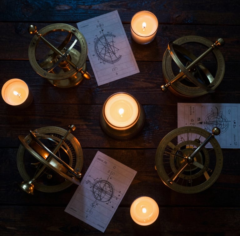 Overhead flat-lay of brass astrolabes and hand-drawn birth charts on a dark wooden table, low-key warm candlelight, rich amber tones