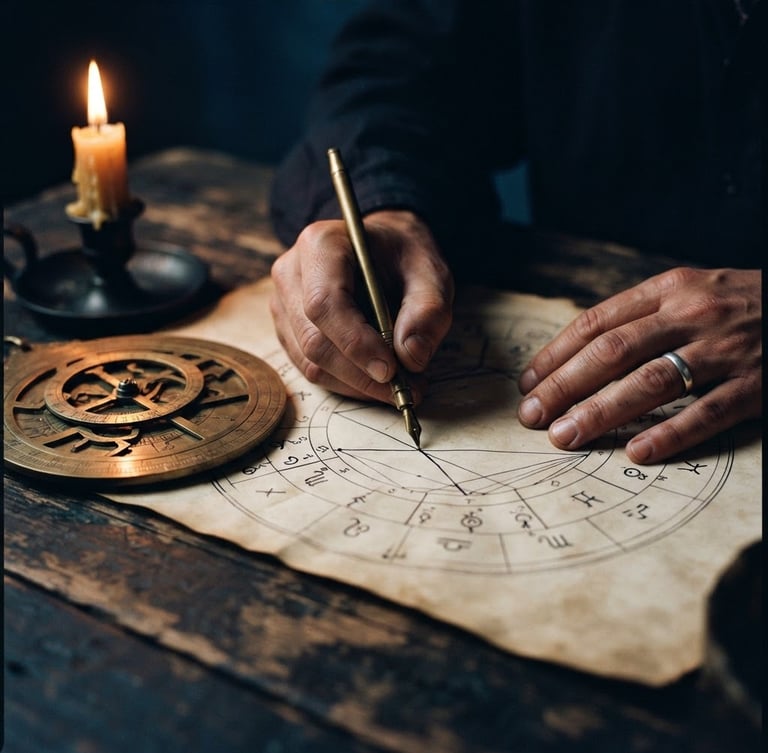 Moody close-up of hands drawing a birth chart with a brass astrolabe under warm candlelight, dark textured surface, low-key dramatic lighting, 35mm