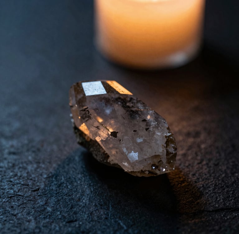 Macro close-up of a raw, smoky quartz crystal specimen on a dark textured stone surface, dramatic side-lighting, warm candle shadow, 35mm photography