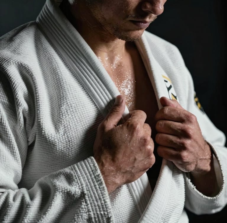 Dramatic close-up of a BJJ athlete gripping a thick white gi lapel with both hands, sweat on knuckles, high-contrast side lighting, dark moody background