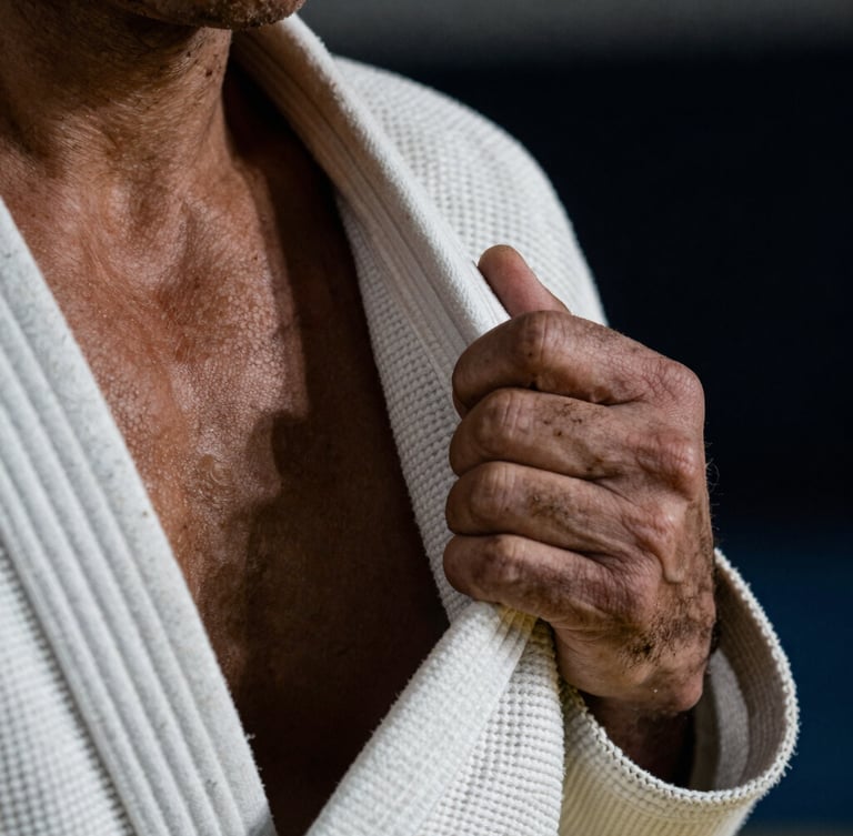 A close-up macro photograph of a tightly gripped white gi lapel by a weathered hand, dramatic high-contrast side lighting, gritty athletic texture, 35mm lens.